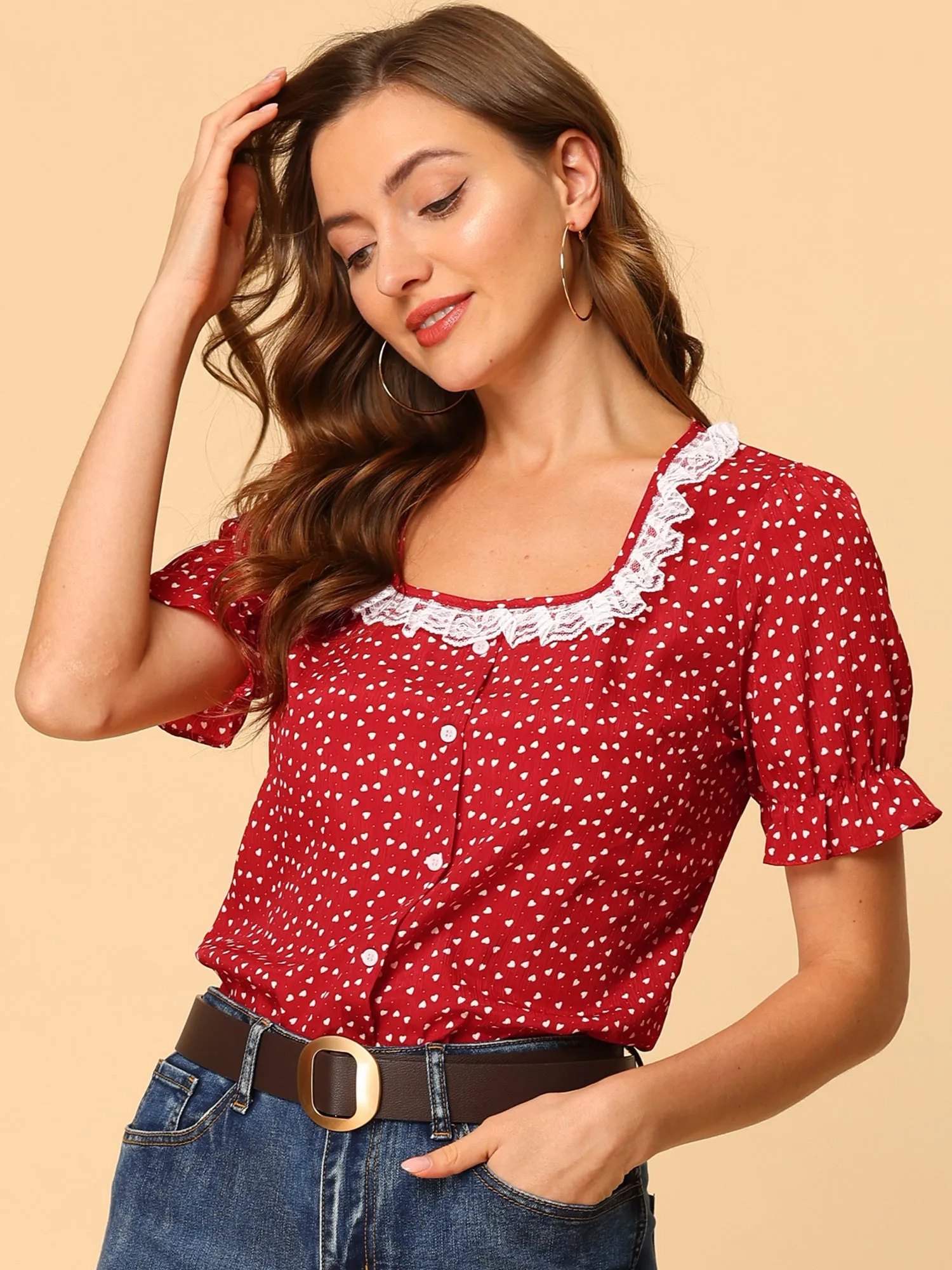 Square Neck Ruffle Short Sleeve Love Heart Printed Blouse sold by Allegra K product image thumbnail 2