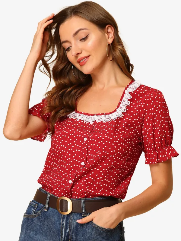 Square Neck Ruffle Short Sleeve Love Heart Printed Blouse sold by Allegra K