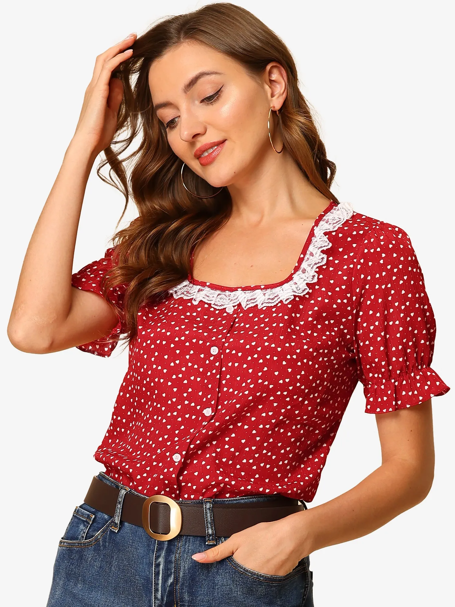 Square Neck Ruffle Short Sleeve Love Heart Printed Blouse sold by Allegra K