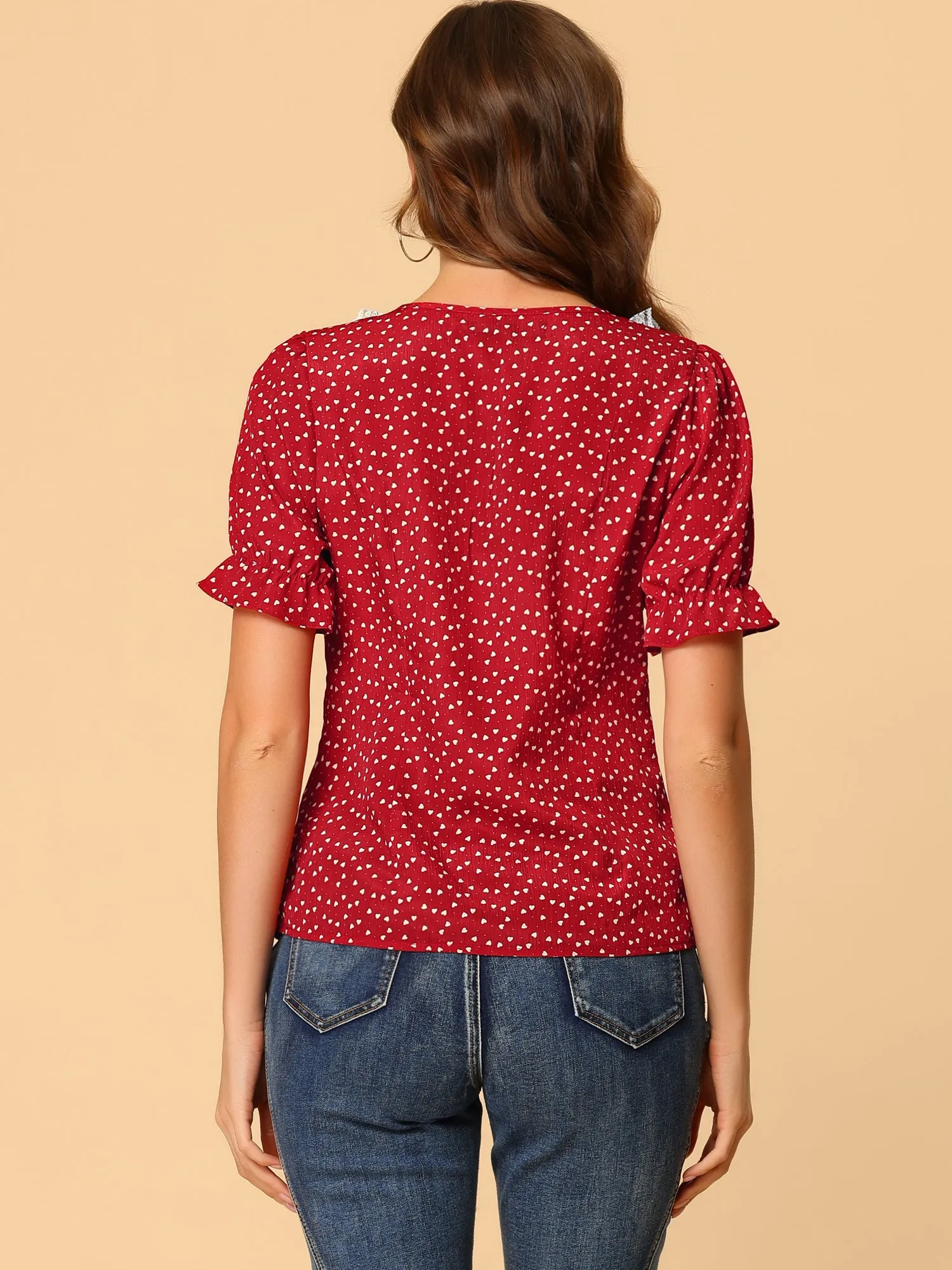 Square Neck Ruffle Short Sleeve Love Heart Printed Blouse sold by Allegra K product image thumbnail 5