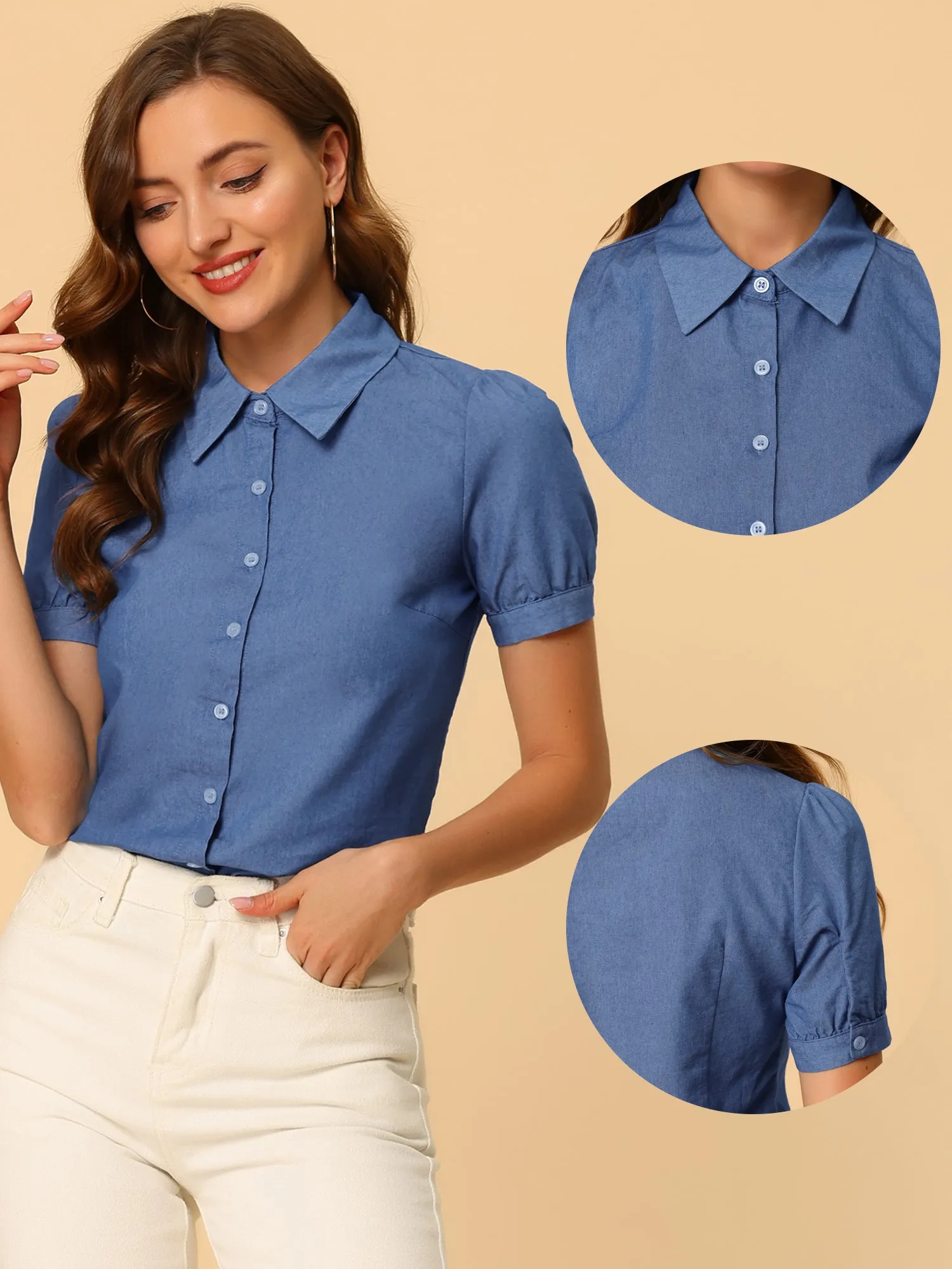 Point Collar Short Sleeve Button Down Denim Shirt sold by Allegra K product image thumbnail 2