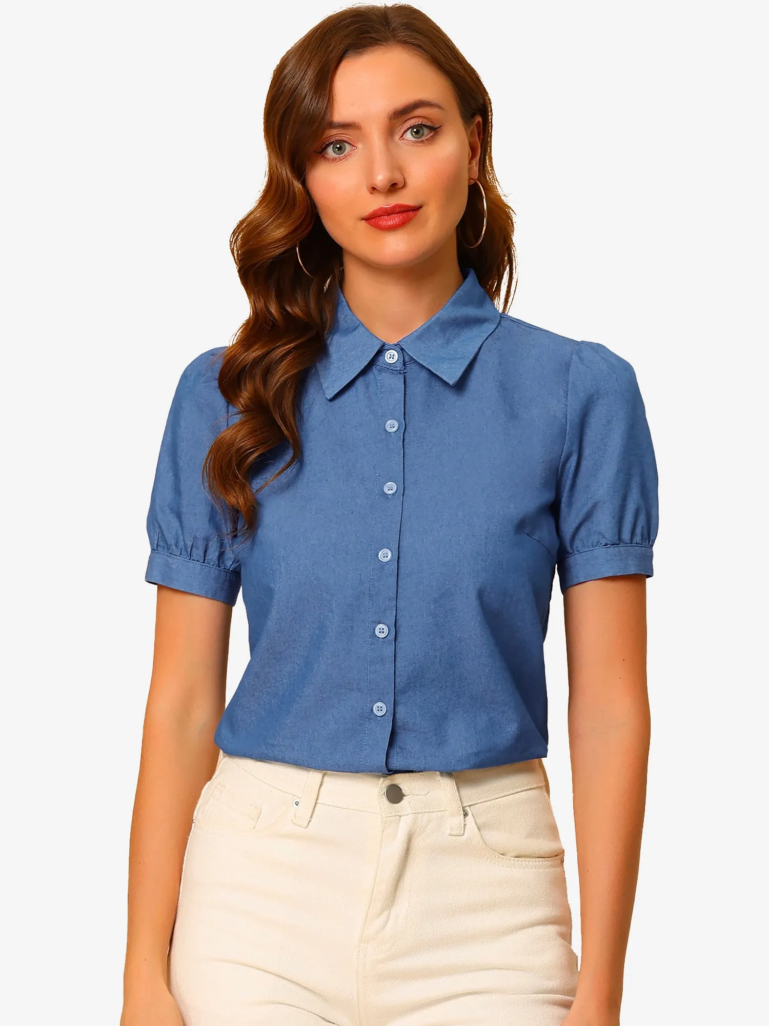 Point Collar Short Sleeve Button Down Denim Shirt sold by Allegra K