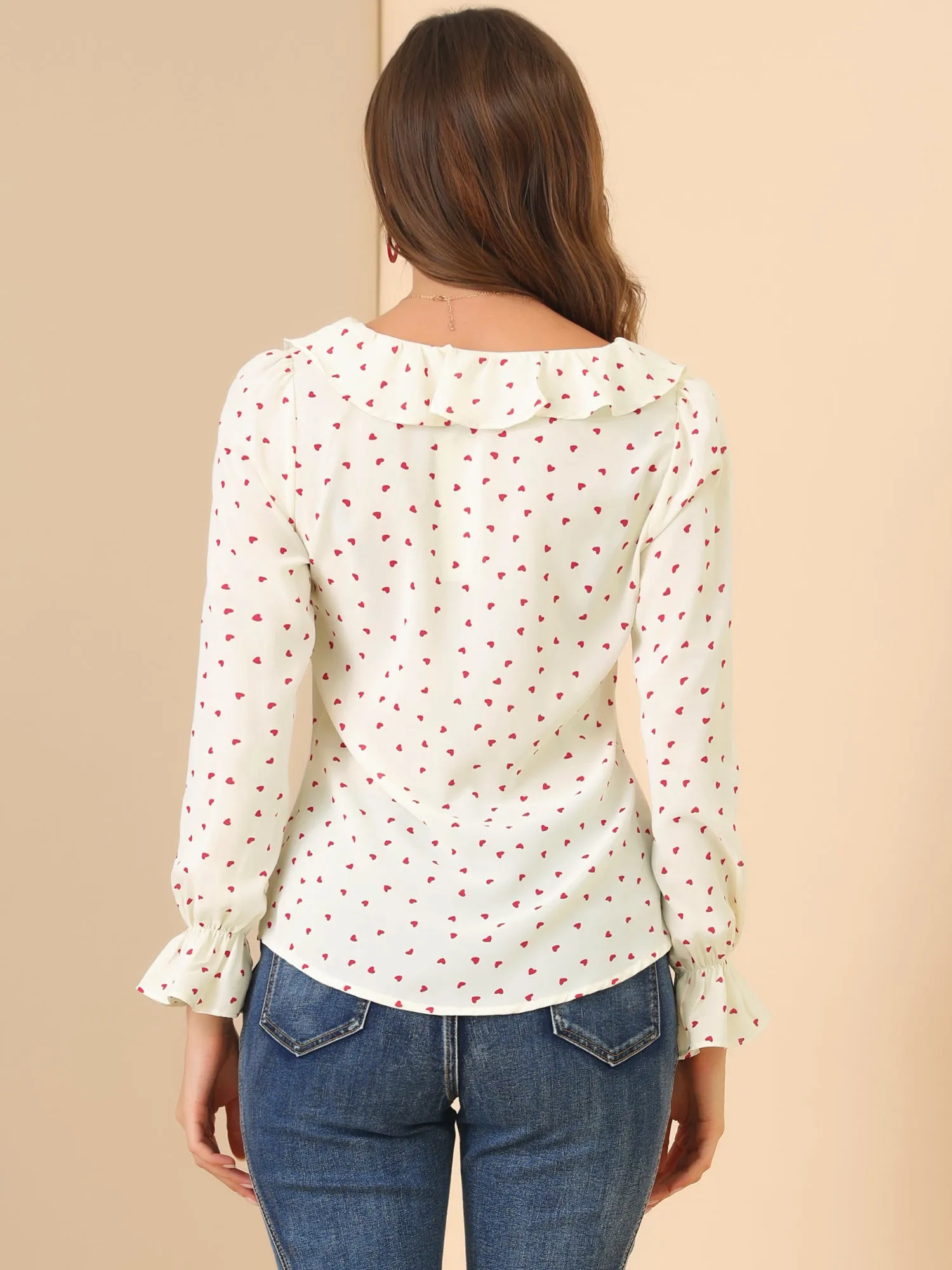 Ruffle V Neck Heart Print Valentine's Day Blouse Business Work Top sold by Allegra K product image thumbnail 5