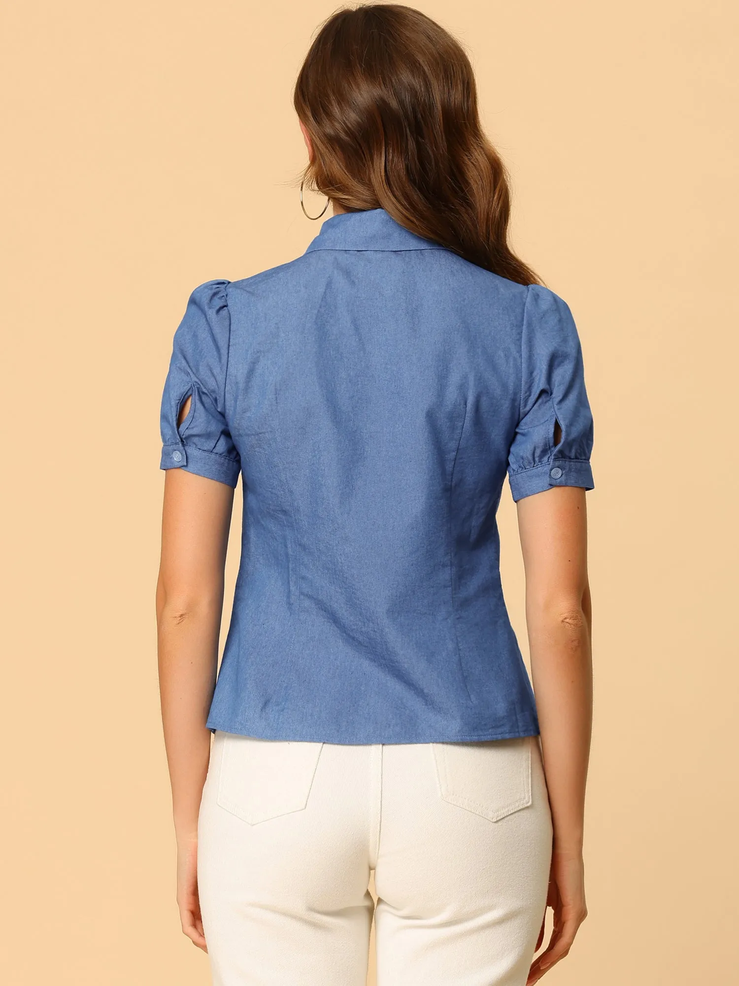Point Collar Short Sleeve Button Down Denim Shirt sold by Allegra K product image thumbnail 3