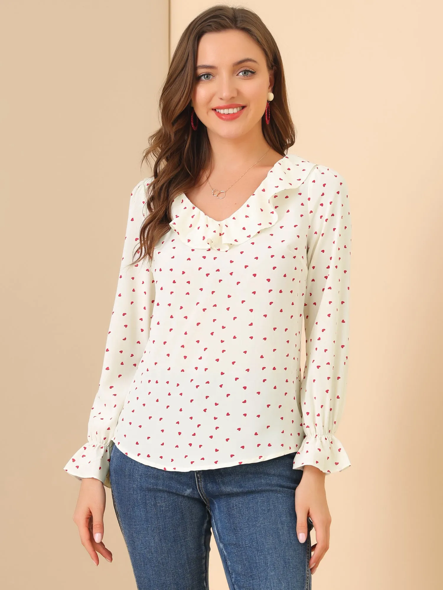 Ruffle V Neck Heart Print Valentine's Day Blouse Business Work Top sold by Allegra K product image thumbnail 3