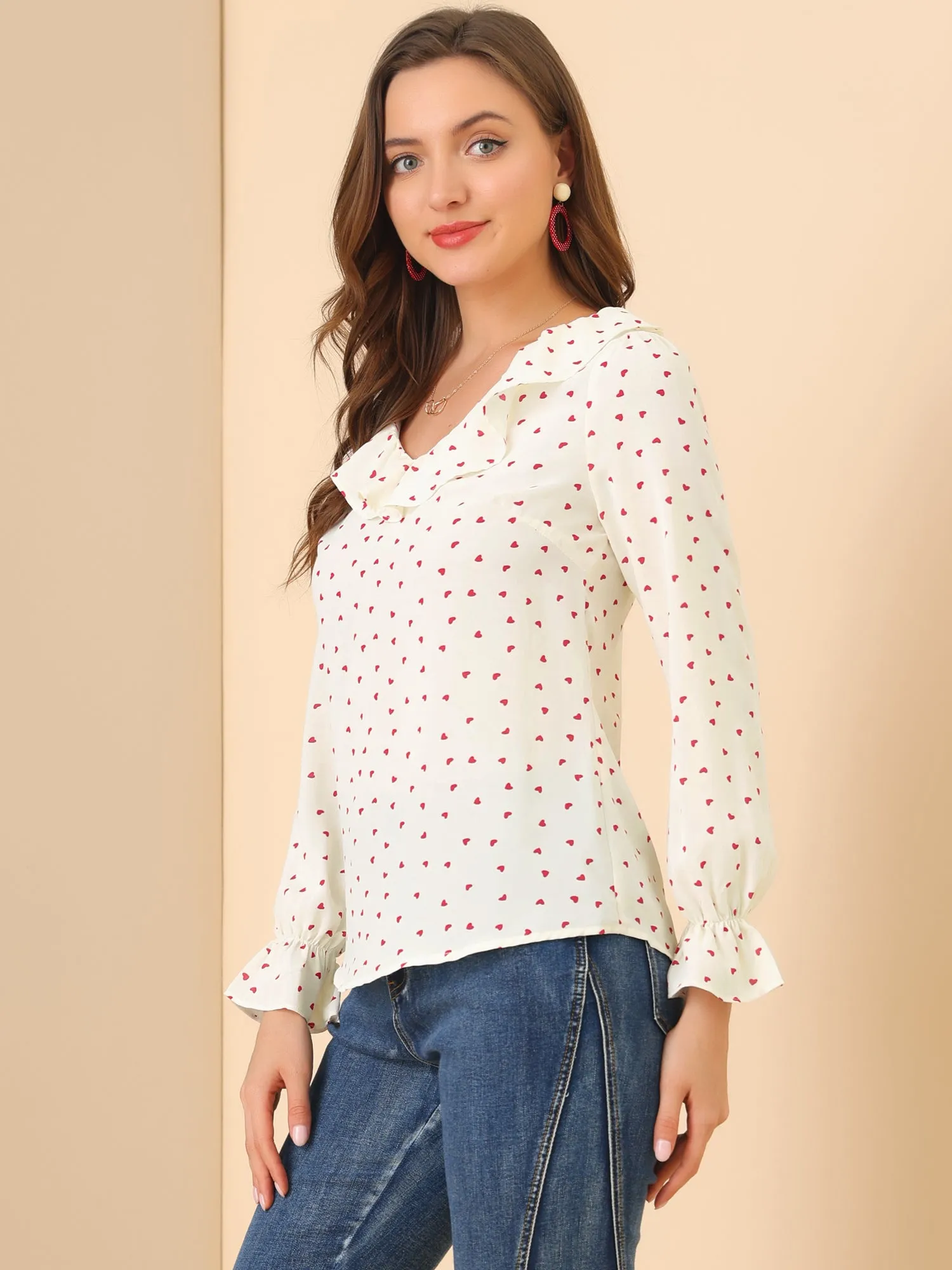 Ruffle V Neck Heart Print Valentine's Day Blouse Business Work Top sold by Allegra K product image thumbnail 4