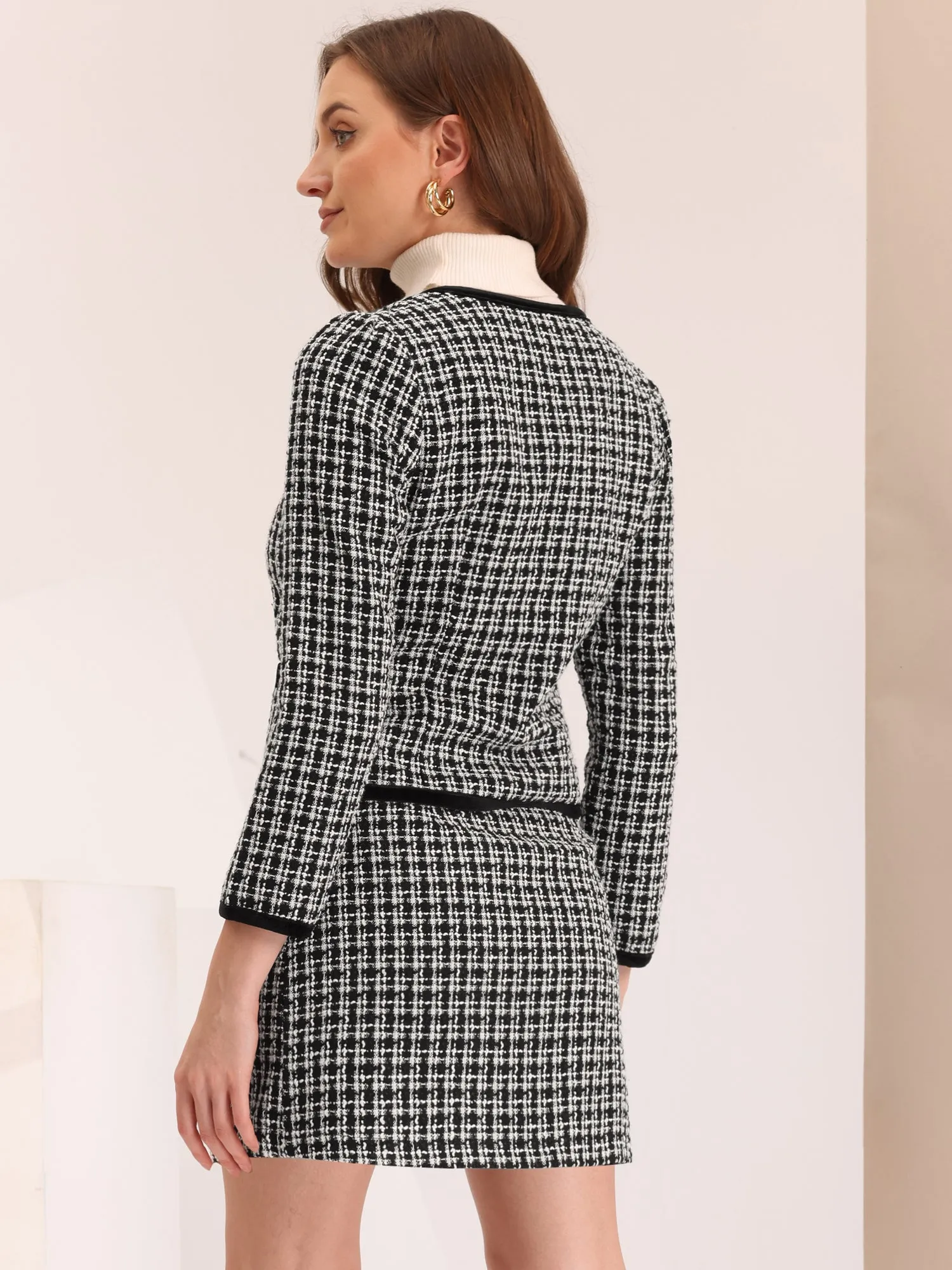 2 Piece Outfits Plaid Tweed Cropped Blazer Jacket & Mini Skirt Suit Set sold by Allegra K product image thumbnail 3
