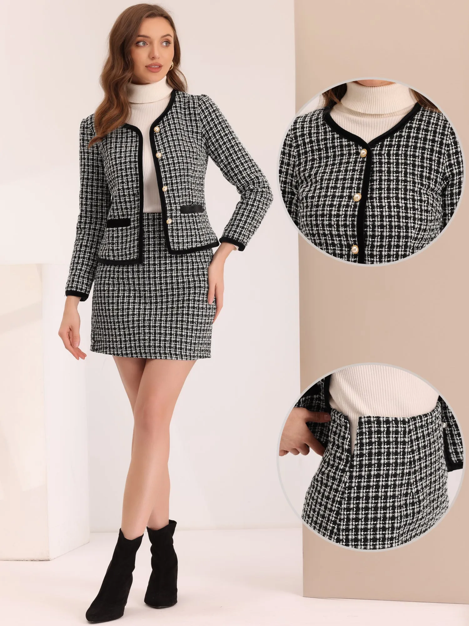 2 Piece Outfits Plaid Tweed Cropped Blazer Jacket & Mini Skirt Suit Set sold by Allegra K product image thumbnail 2