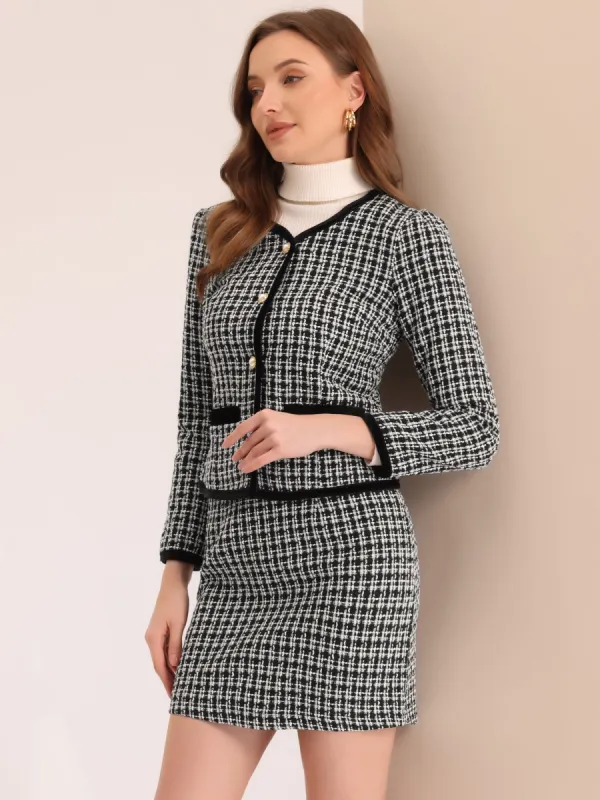 2 Piece Outfits Plaid Tweed Cropped Blazer Jacket & Mini Skirt Suit Set sold by Allegra K