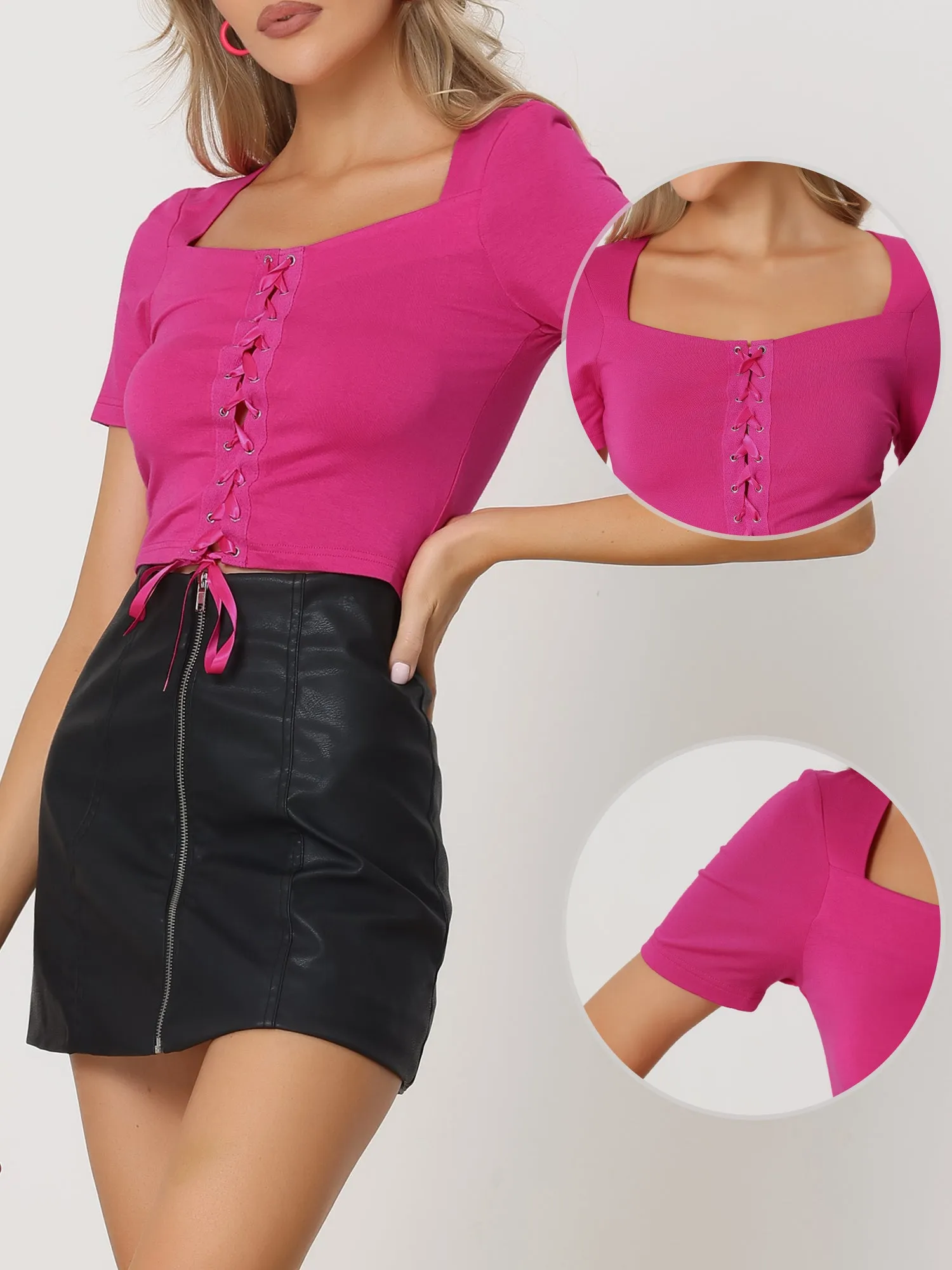 Lace Up Top Square Neck Short Sleeve Casual Crop Tops sold by Allegra K product image thumbnail 2