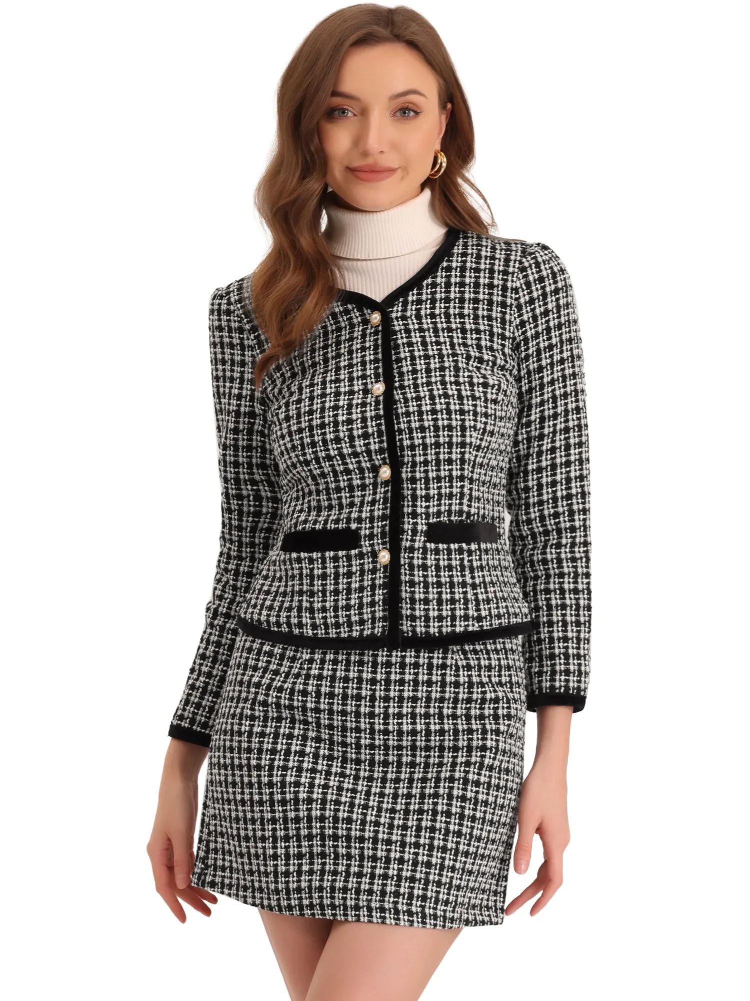 2 Piece Outfits Plaid Tweed Cropped Blazer Jacket & Mini Skirt Suit Set sold by Allegra K product image thumbnail 4