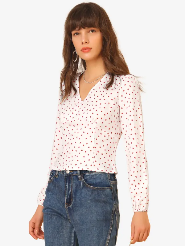 Textured Long Sleeve Shirt V Neck Heart Print Blouse sold by Allegra K