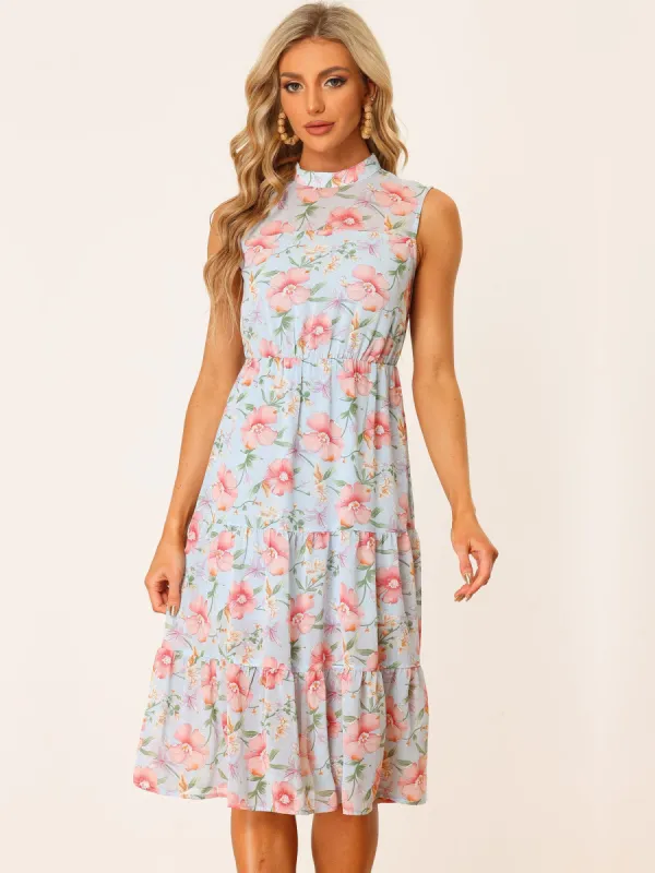 Tiered Midi Sleeveless Mock Neck Ruffle Beach Summer Floral Dress Sundress sold by Allegra K