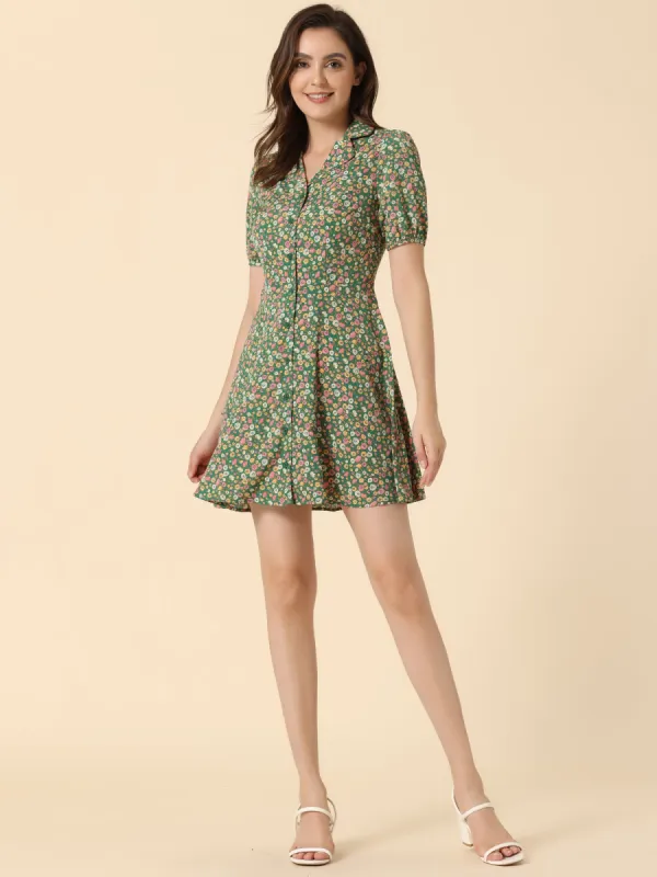 Button Up Short Sleeve A-Line Chiffon Vintage Floral Shirt Dress sold by Allegra K