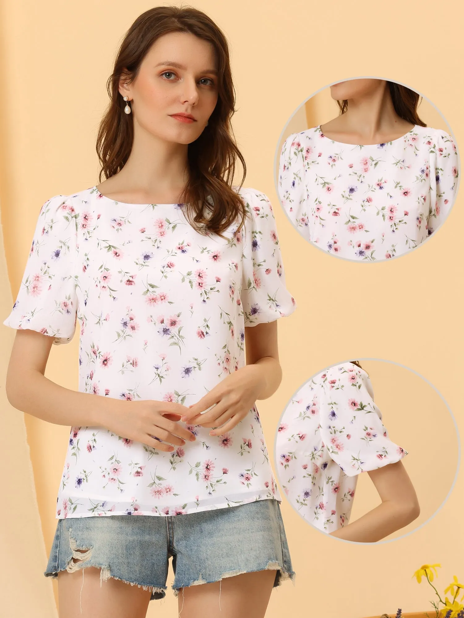 Summer Tops Puff Short Sleeve Chiffon Floral Print Blouse sold by Allegra K product image thumbnail 2