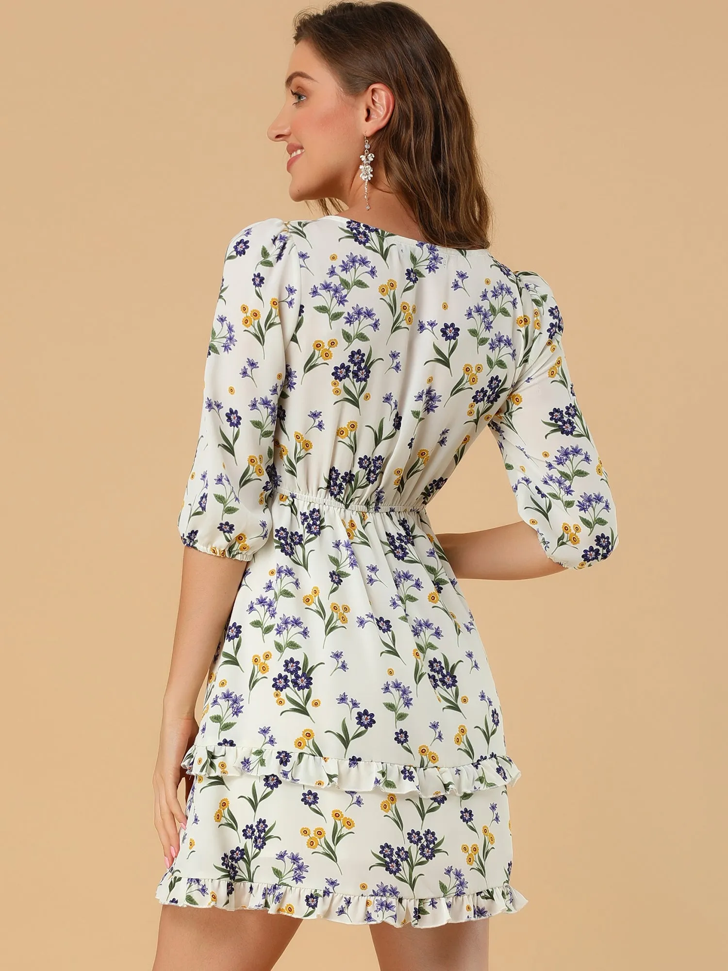 Floral Print Bow Tie Neck 3/4 Sleeve Layered Mini Dress sold by Allegra K product image thumbnail 4