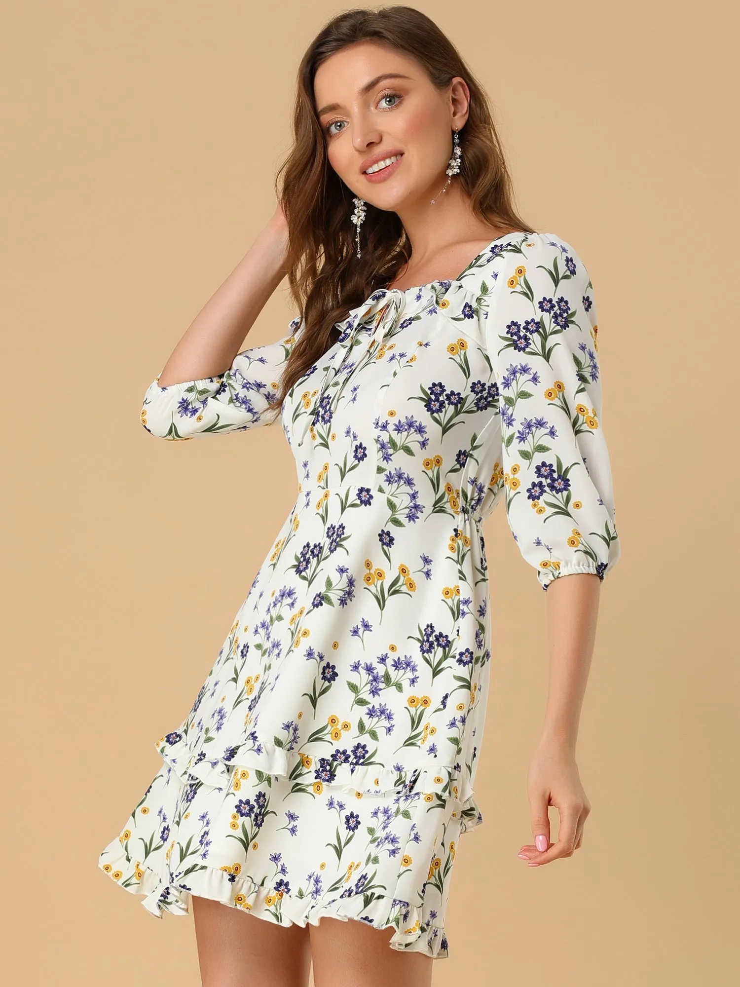 Floral Print Bow Tie Neck 3/4 Sleeve Layered Mini Dress sold by Allegra K product image thumbnail 3