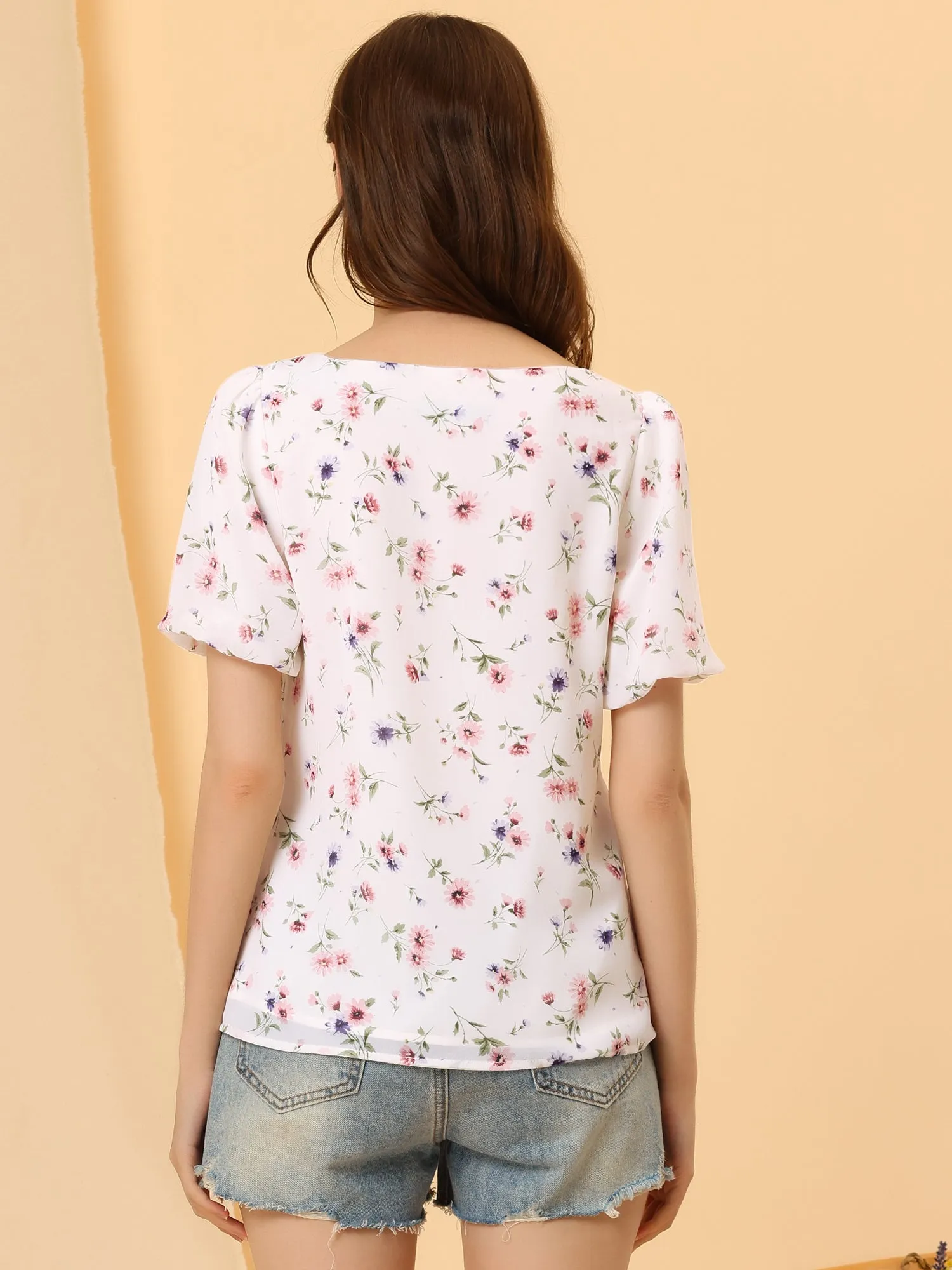 Summer Tops Puff Short Sleeve Chiffon Floral Print Blouse sold by Allegra K product image thumbnail 3