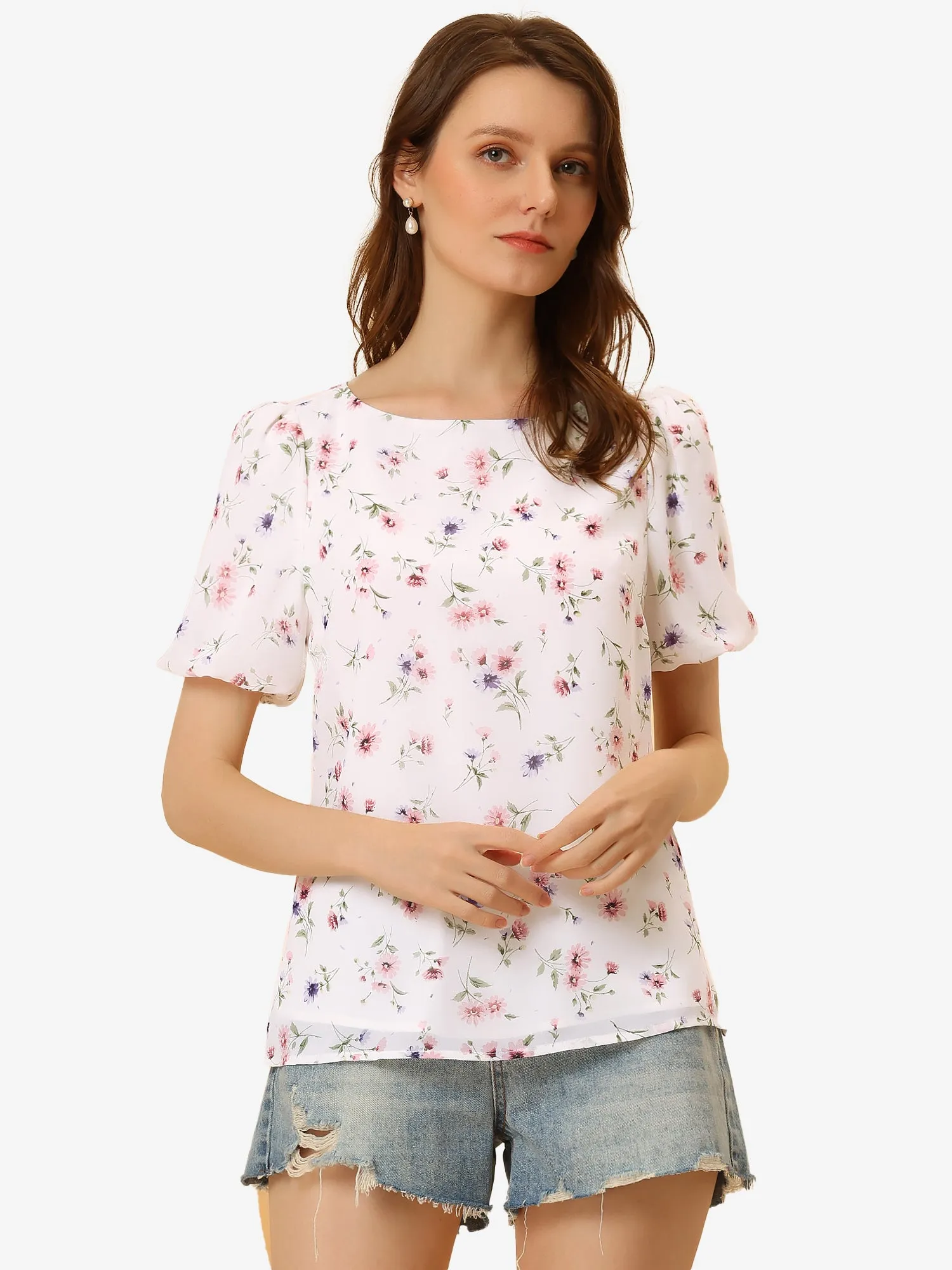 Summer Tops Puff Short Sleeve Chiffon Floral Print Blouse sold by Allegra K