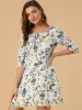 Floral Print Bow Tie Neck 3/4 Sleeve Layered Mini Dress sold by Allegra K