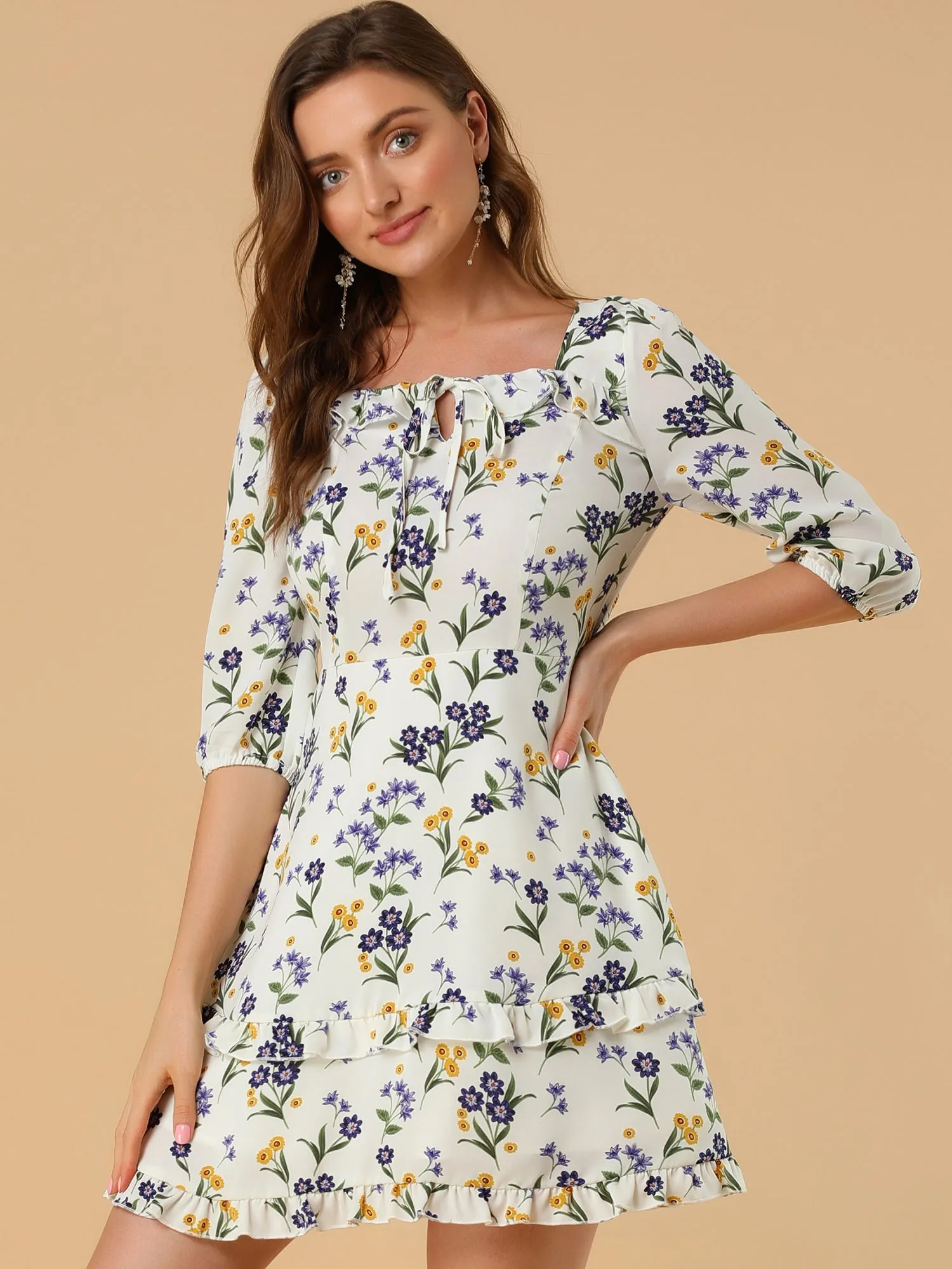 Floral Print Bow Tie Neck 3/4 Sleeve Layered Mini Dress sold by Allegra K product image thumbnail 2