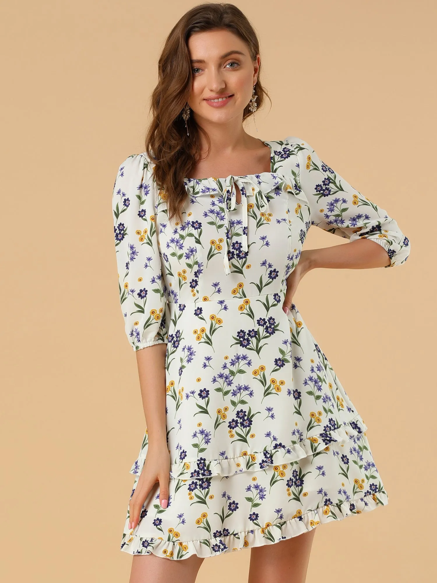 Floral Print Bow Tie Neck 3/4 Sleeve Layered Mini Dress sold by Allegra K