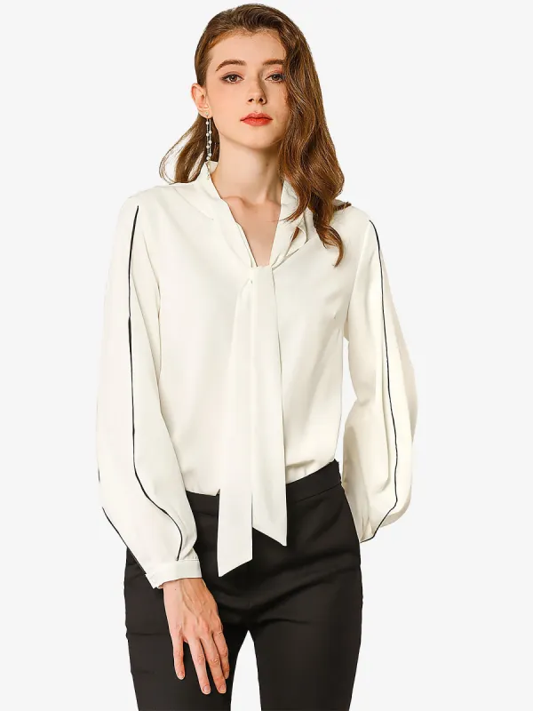 Long Ballon Sleeve Tie V Neck Contrast Color Piped Loose Blouse sold by Allegra K