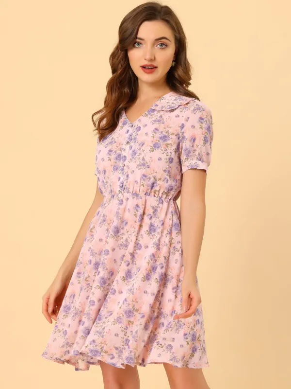 Summer Flat Collar V Neck Short Sleeve Flowy Chiffon Floral Dress sold by Allegra K