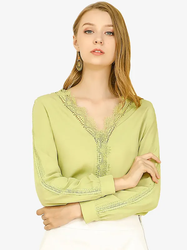 V Neck Casual Blouse Top Sweet Patchwork Crochet Lace Shirt sold by Allegra K