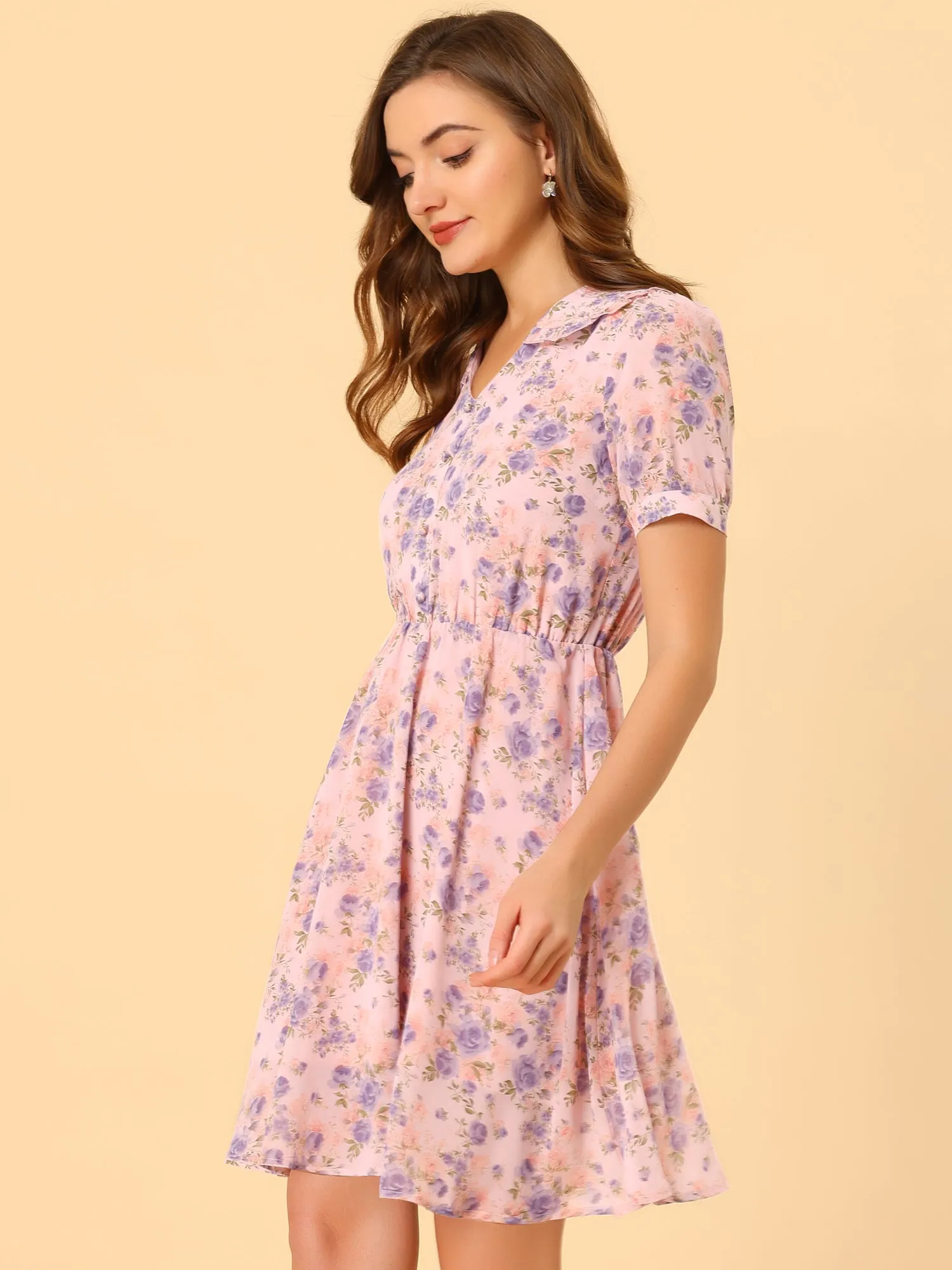 Summer Flat Collar V Neck Short Sleeve Flowy Chiffon Floral Dress sold by Allegra K product image thumbnail 5