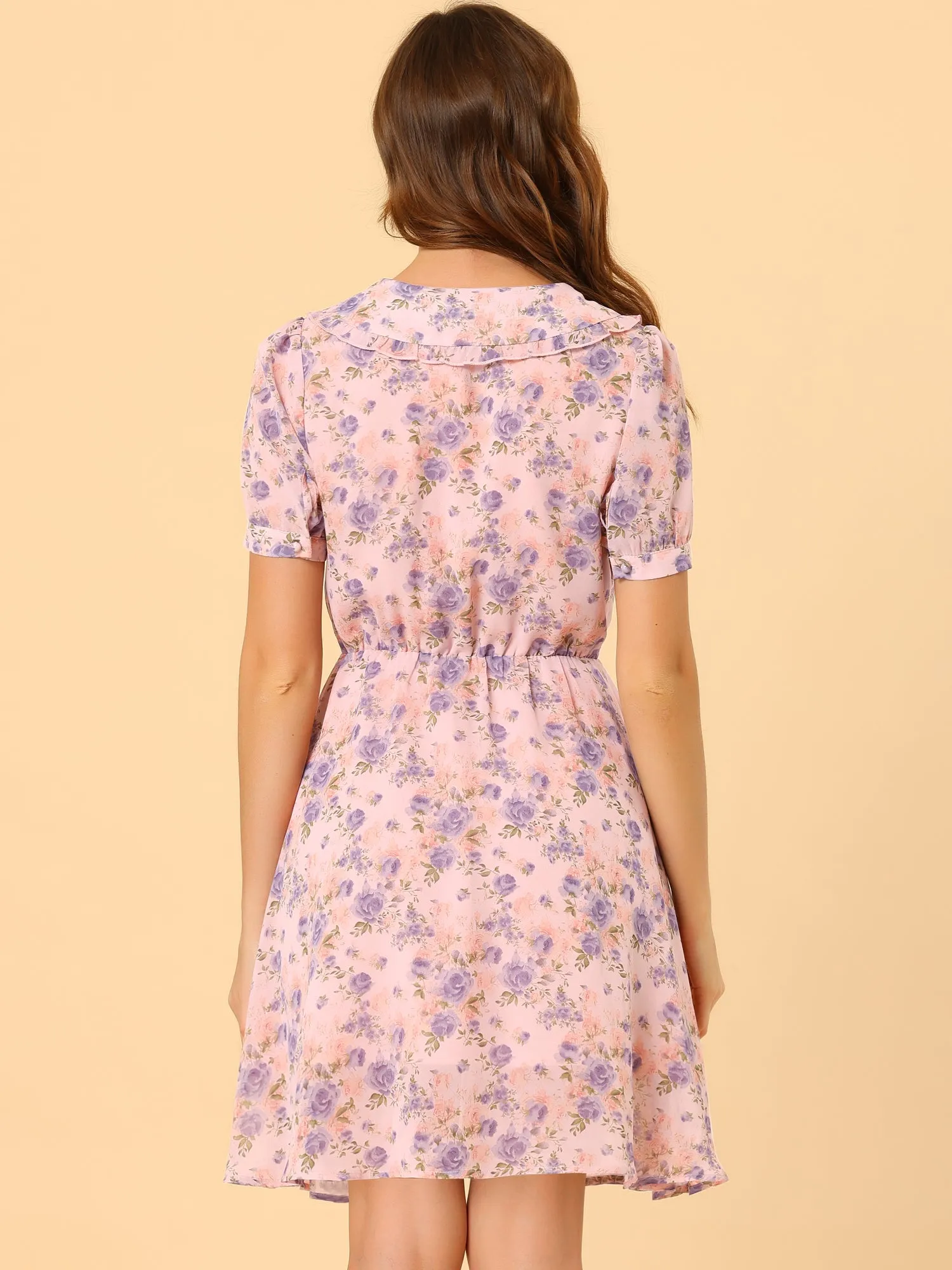Summer Flat Collar V Neck Short Sleeve Flowy Chiffon Floral Dress sold by Allegra K product image thumbnail 2