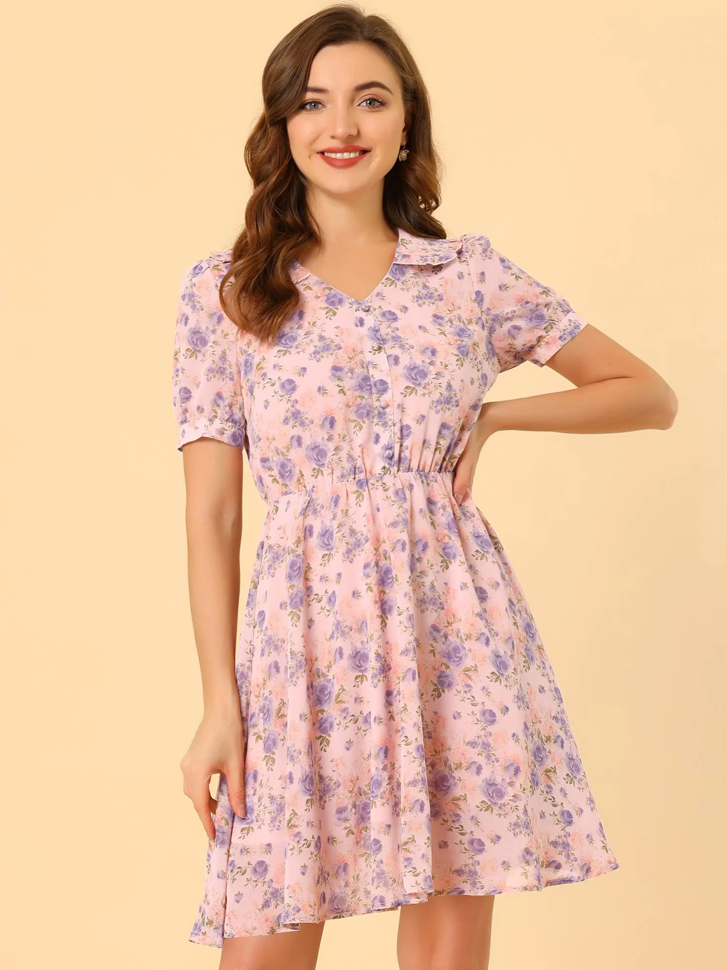 Summer Flat Collar V Neck Short Sleeve Flowy Chiffon Floral Dress sold by Allegra K product image thumbnail 3