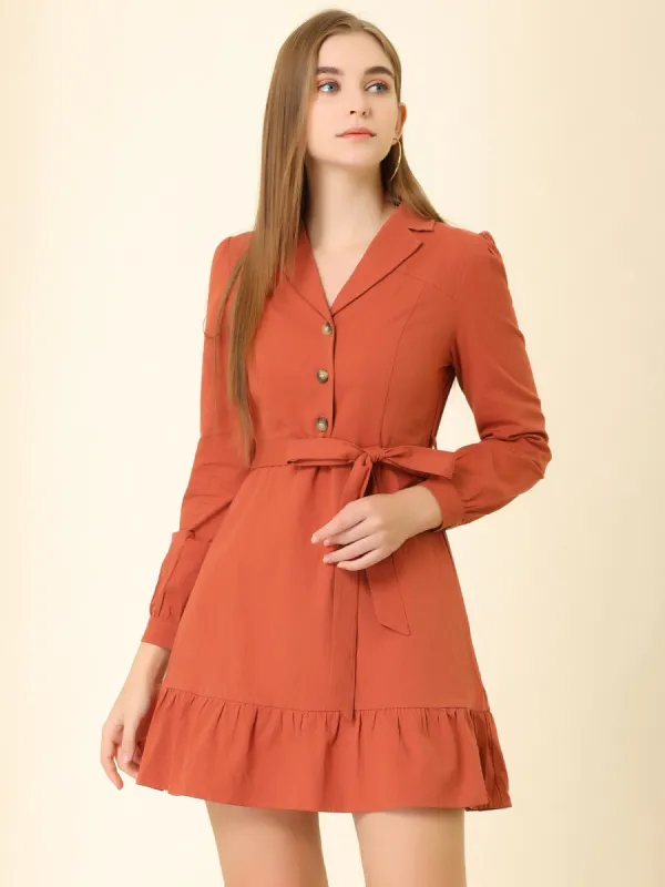 Notched Lapel V Neck Tie Waist Solid Ruffle Hem Mini Dress sold by Allegra K