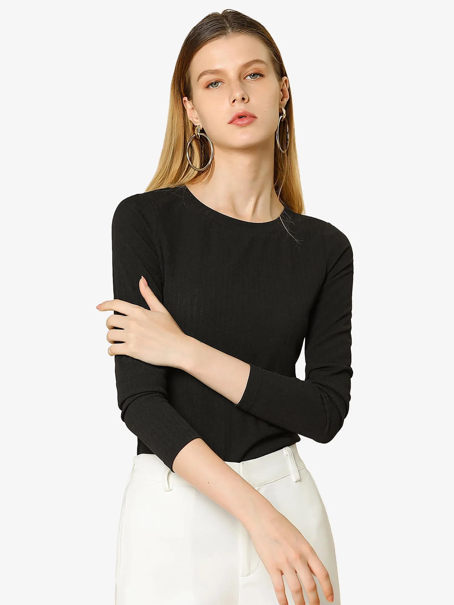 Crew Neck Casual Shirt Long Sleeve Slim Fitted Basic Tops sold by Allegra K