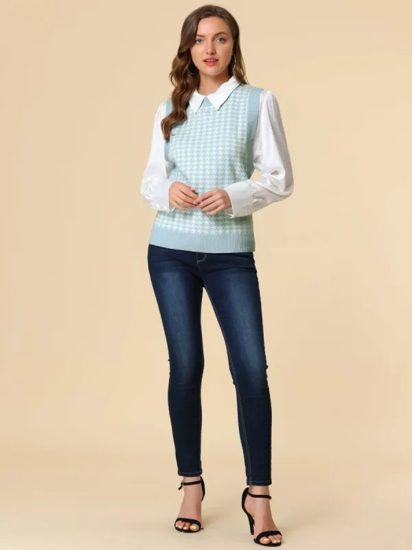 Round Neck Vest Sleeveless Houndstooth Plaid Knitted Sweater sold by Allegra K