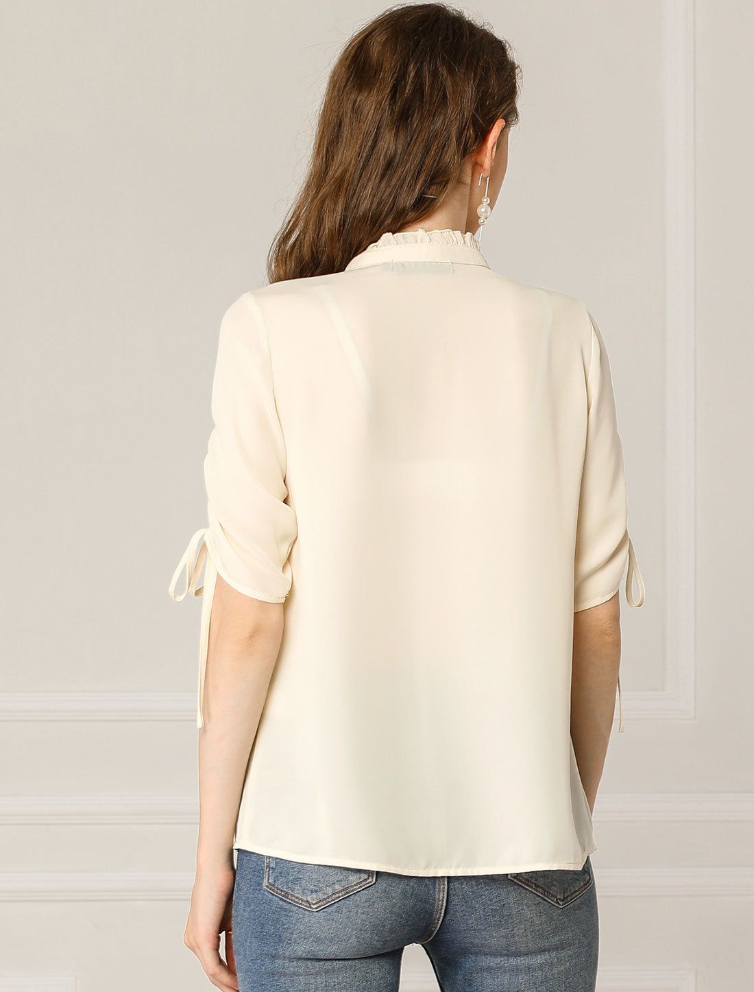 Sweet Mock Neck Button Up Ruched Drawstring Short Sleeve Blouse Top sold by Allegra K product image thumbnail 4