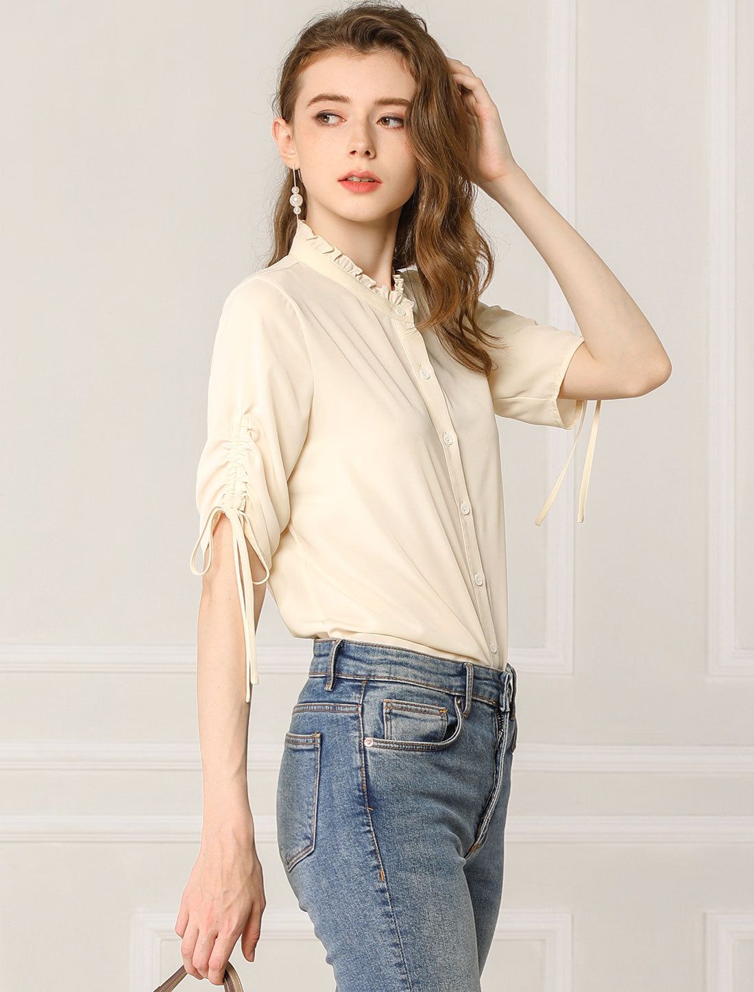 Sweet Mock Neck Button Up Ruched Drawstring Short Sleeve Blouse Top sold by Allegra K product image thumbnail 2