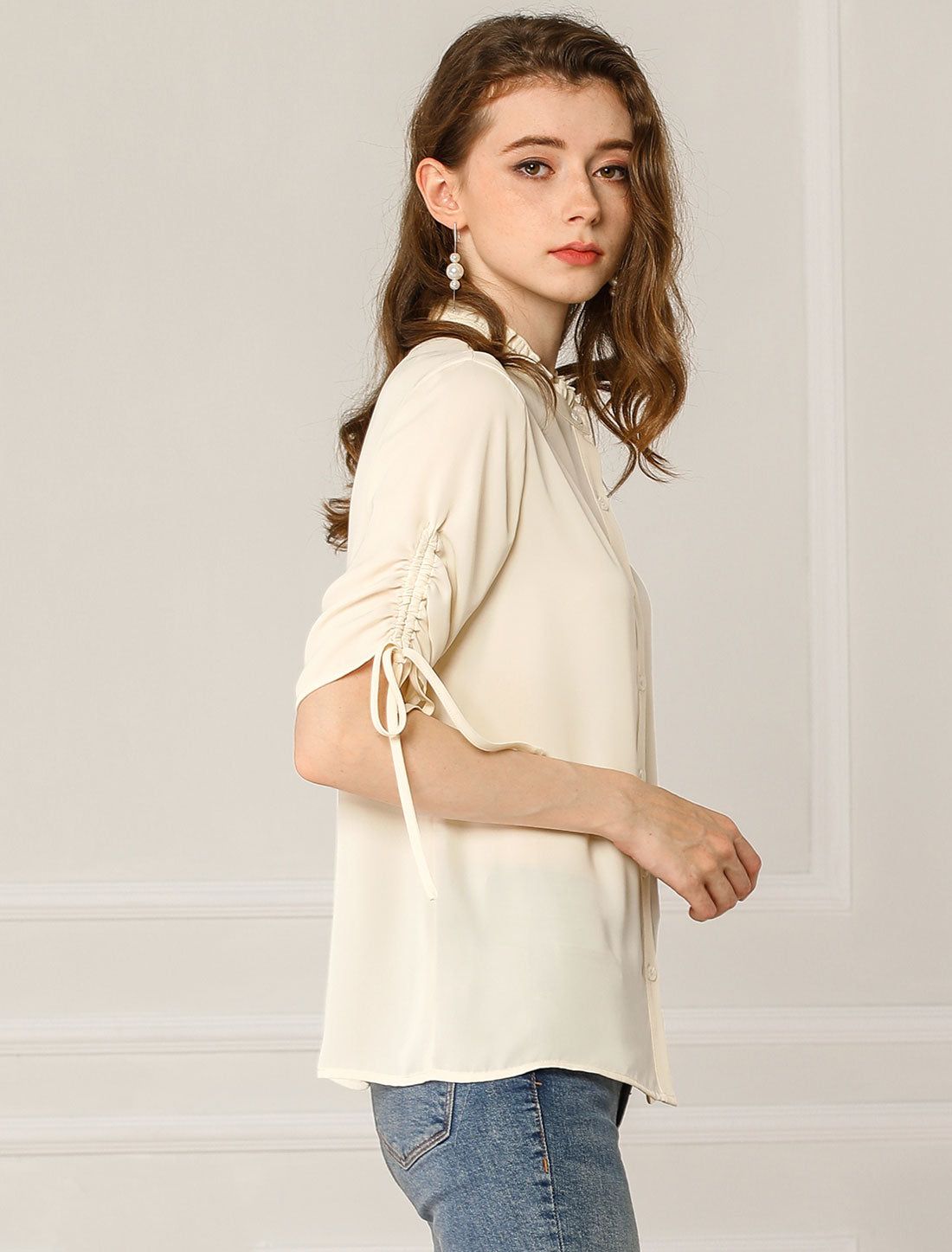 Sweet Mock Neck Button Up Ruched Drawstring Short Sleeve Blouse Top sold by Allegra K product image thumbnail 3