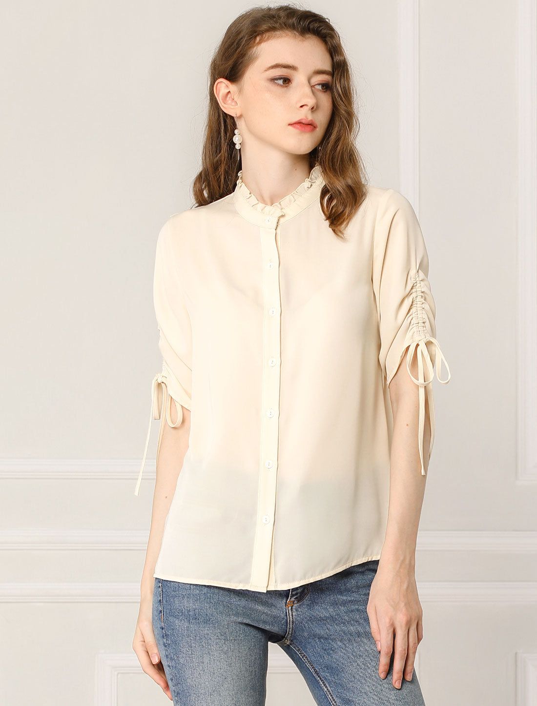 Sweet Mock Neck Button Up Ruched Drawstring Short Sleeve Blouse Top sold by Allegra K