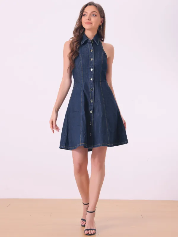 Denim Halter Neck Button Down Backless A-Line Mini Shirt Dress sold by Allegra K