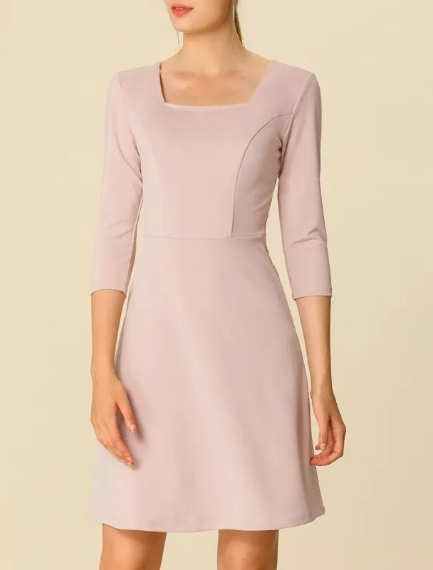 Spring Half Sleeve Square Neck Above Knee Slim A Line Dress sold by Allegra K