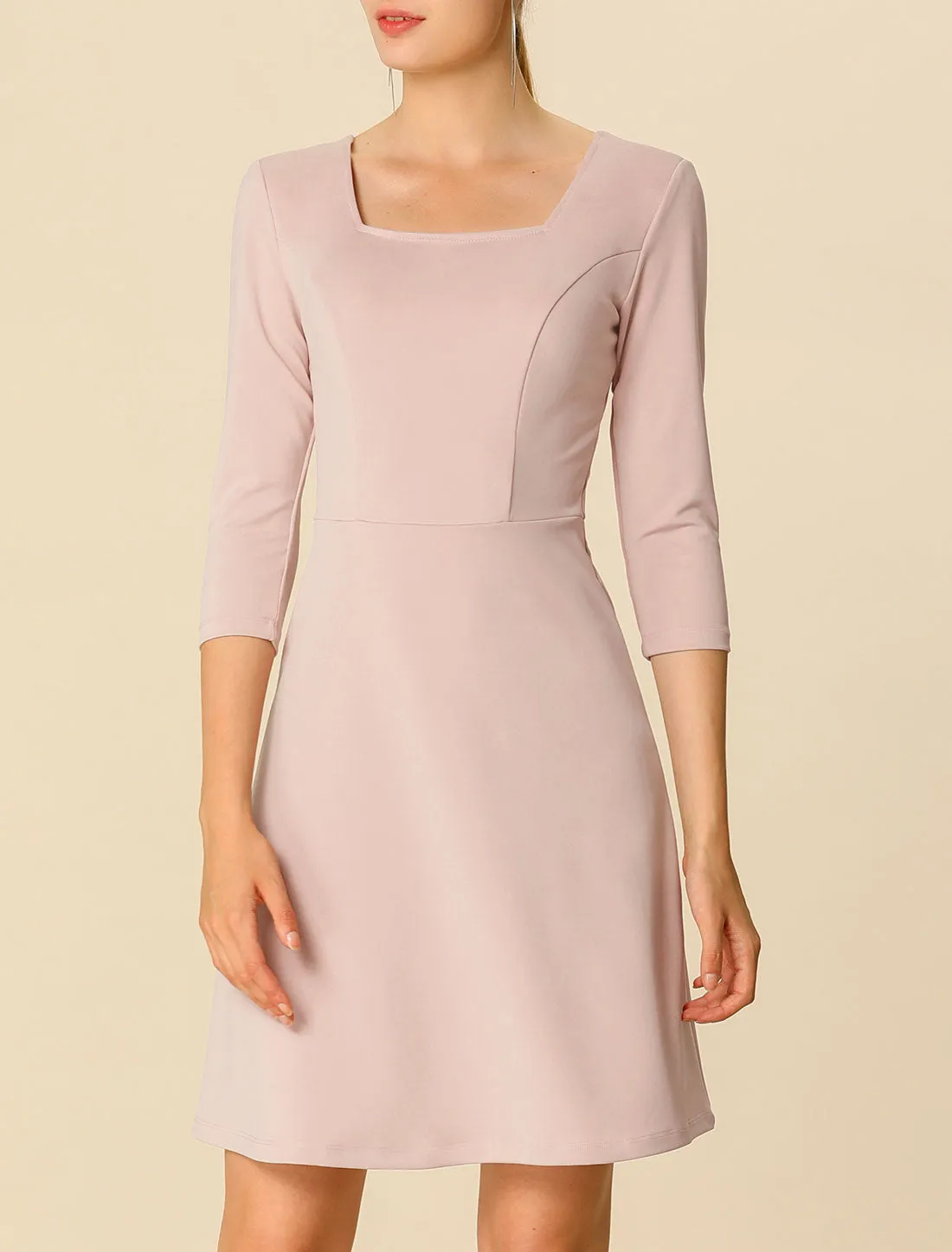 Spring Half Sleeve Square Neck Above Knee Slim A Line Dress sold by Allegra K