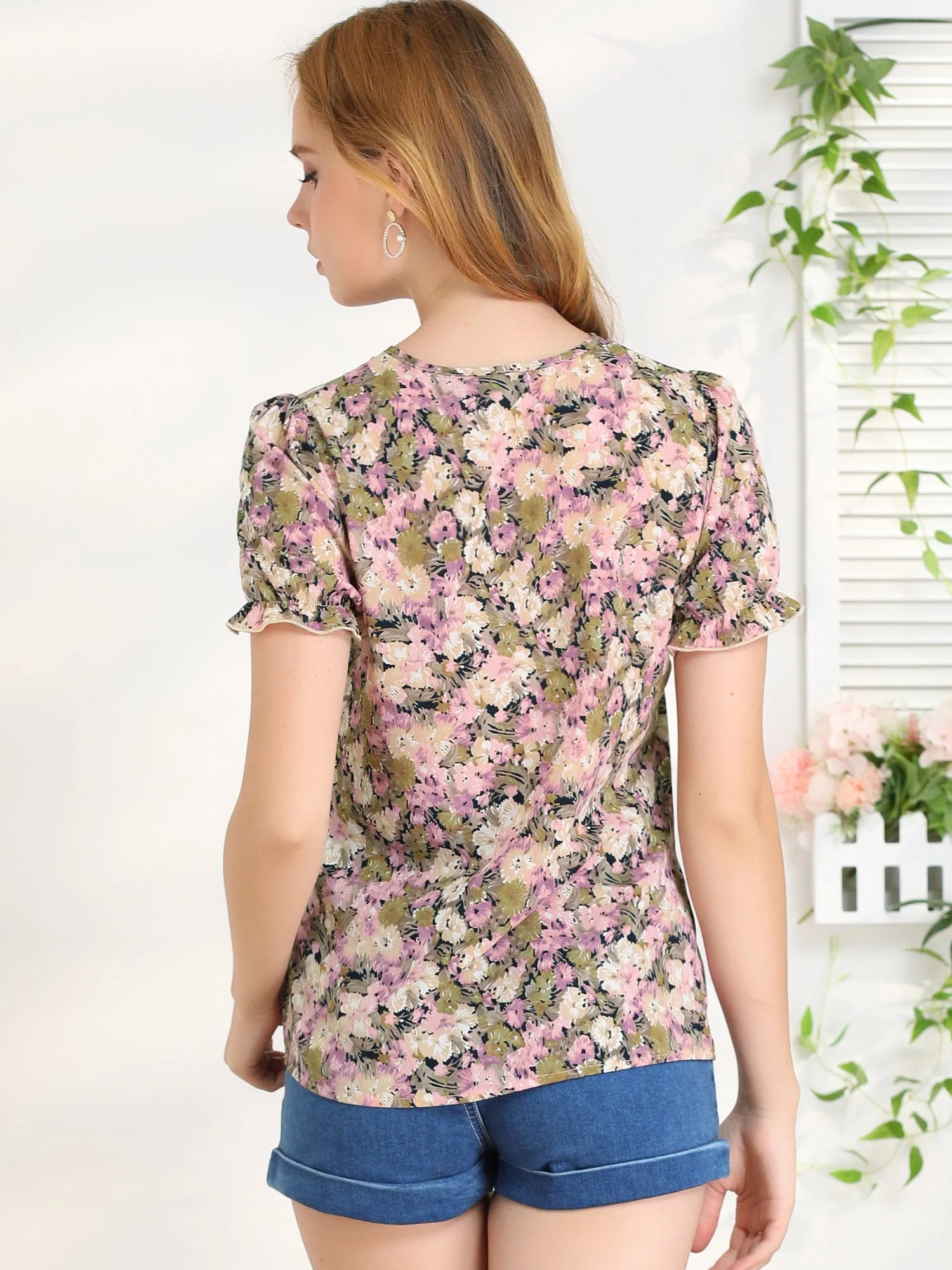 Summer Floral Print Tie Neck Keyhole Ruffled Short Sleeve Blouse Tops sold by Allegra K product image thumbnail 4