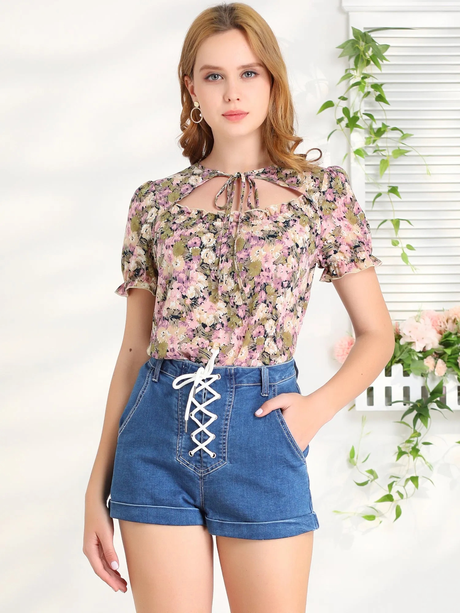 Summer Floral Print Tie Neck Keyhole Ruffled Short Sleeve Blouse Tops sold by Allegra K product image thumbnail 2
