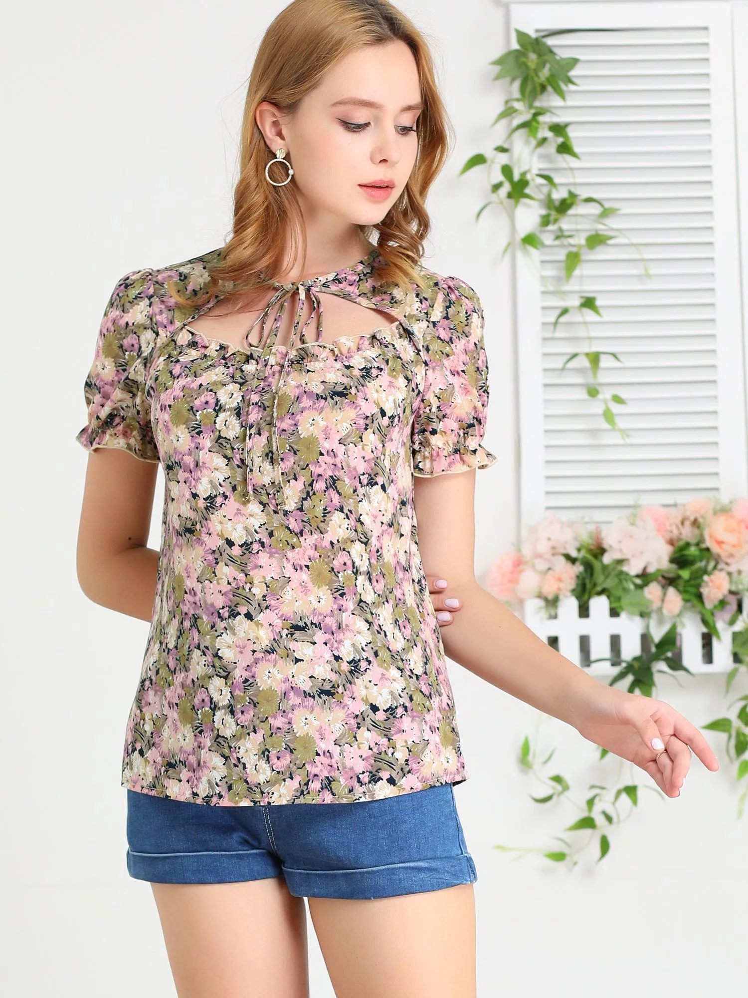 Summer Floral Print Tie Neck Keyhole Ruffled Short Sleeve Blouse Tops sold by Allegra K
