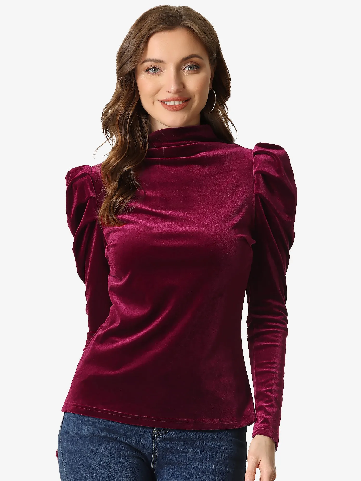 Velvet Blouse Puff Long Sleeve Turtleneck Elegant Velour Top sold by Allegra K