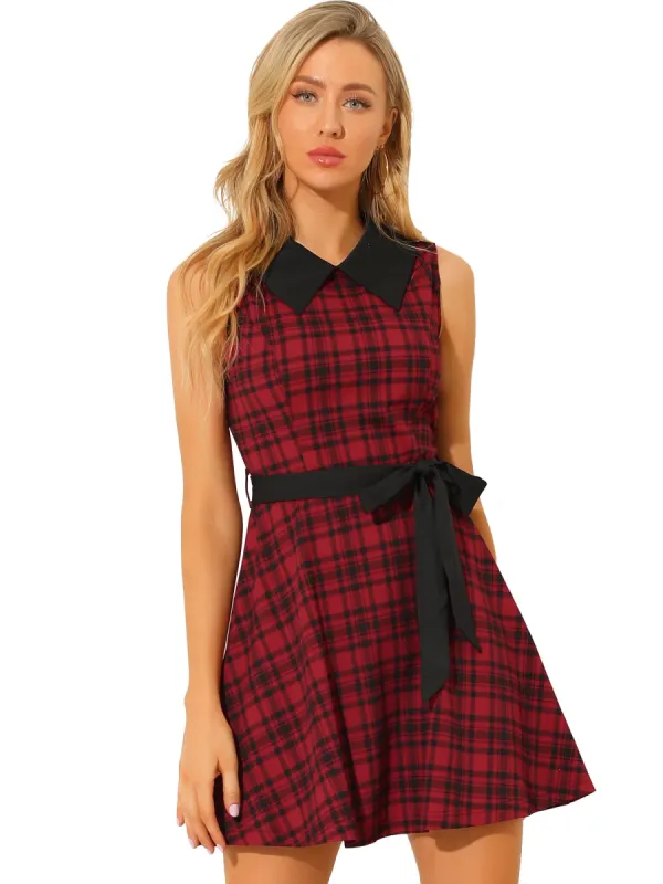 A-line Belted Vintage Sleeveless Plaid Dress sold by Allegra K