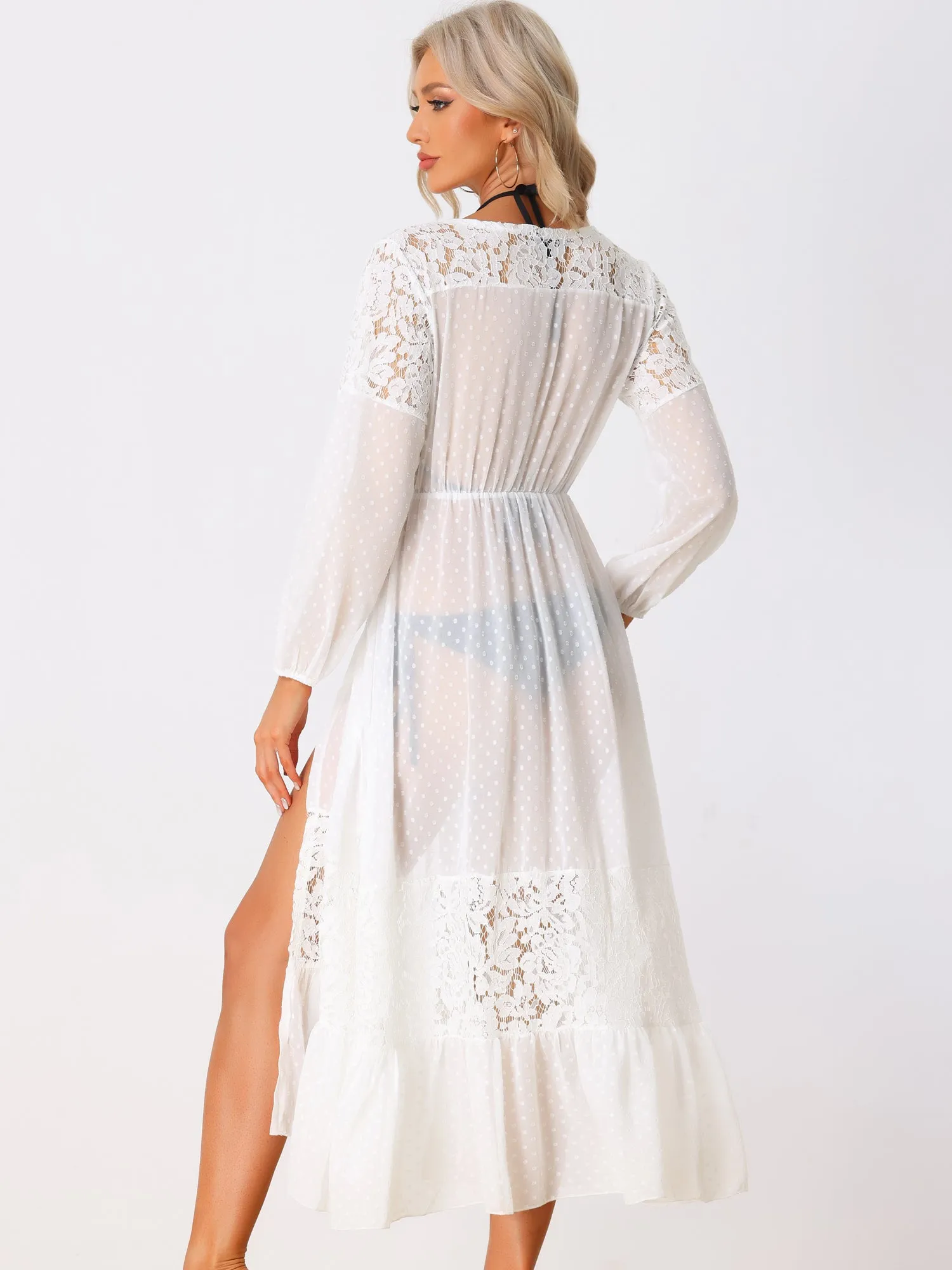 Beach Cover Up Chiffon Lace Cardigan Bikini Swimsuit Coverup Long Flowy Beachwear sold by Allegra K product image thumbnail 3