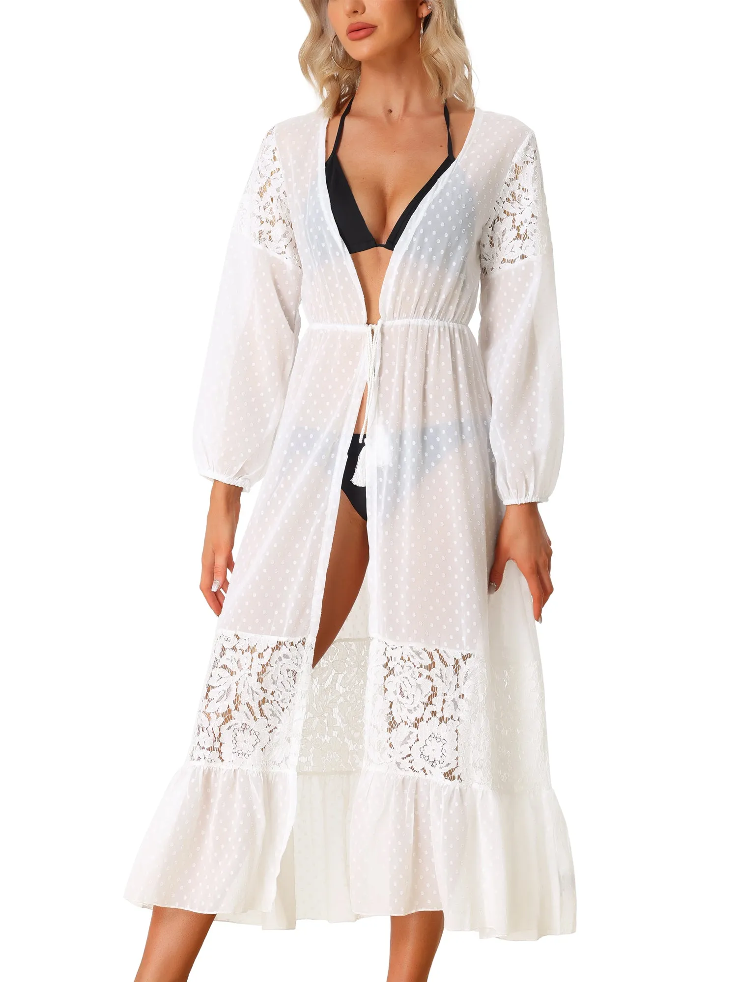 Beach Cover Up Chiffon Lace Cardigan Bikini Swimsuit Coverup Long Flowy Beachwear sold by Allegra K product image thumbnail 5