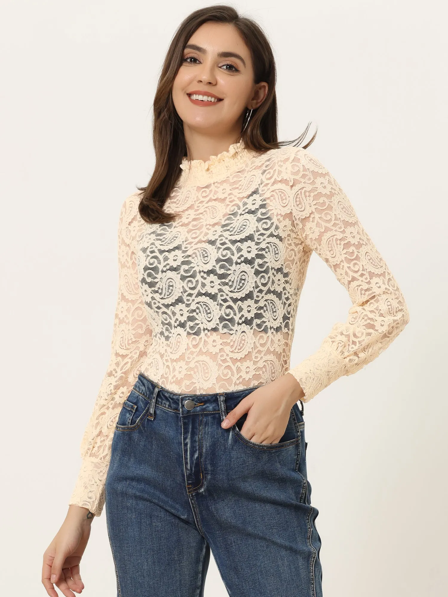 See Through Stretch Tops Smocked High Neck Long Sleeve Lace Blouse sold by Allegra K product image thumbnail 5